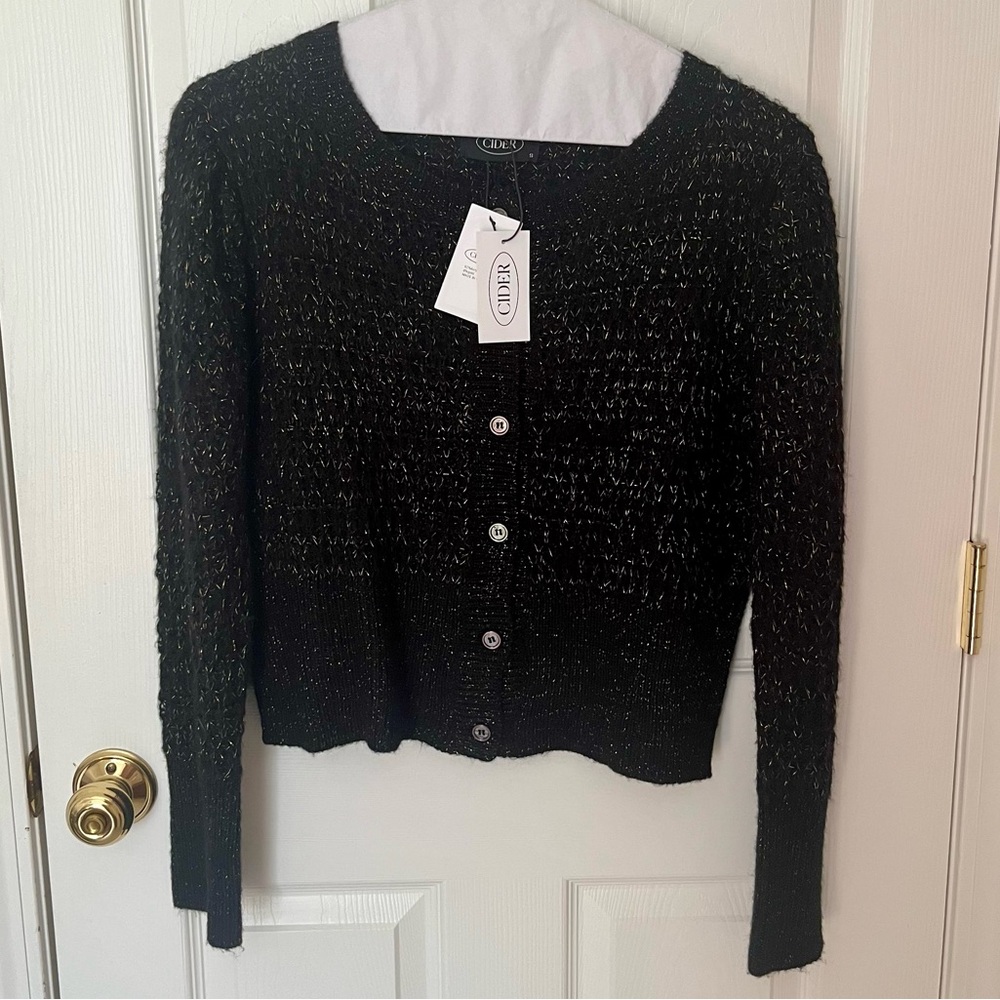 NWT Women’s Cider Black/Gold Metallic Thread Knit Cardigan Size Small